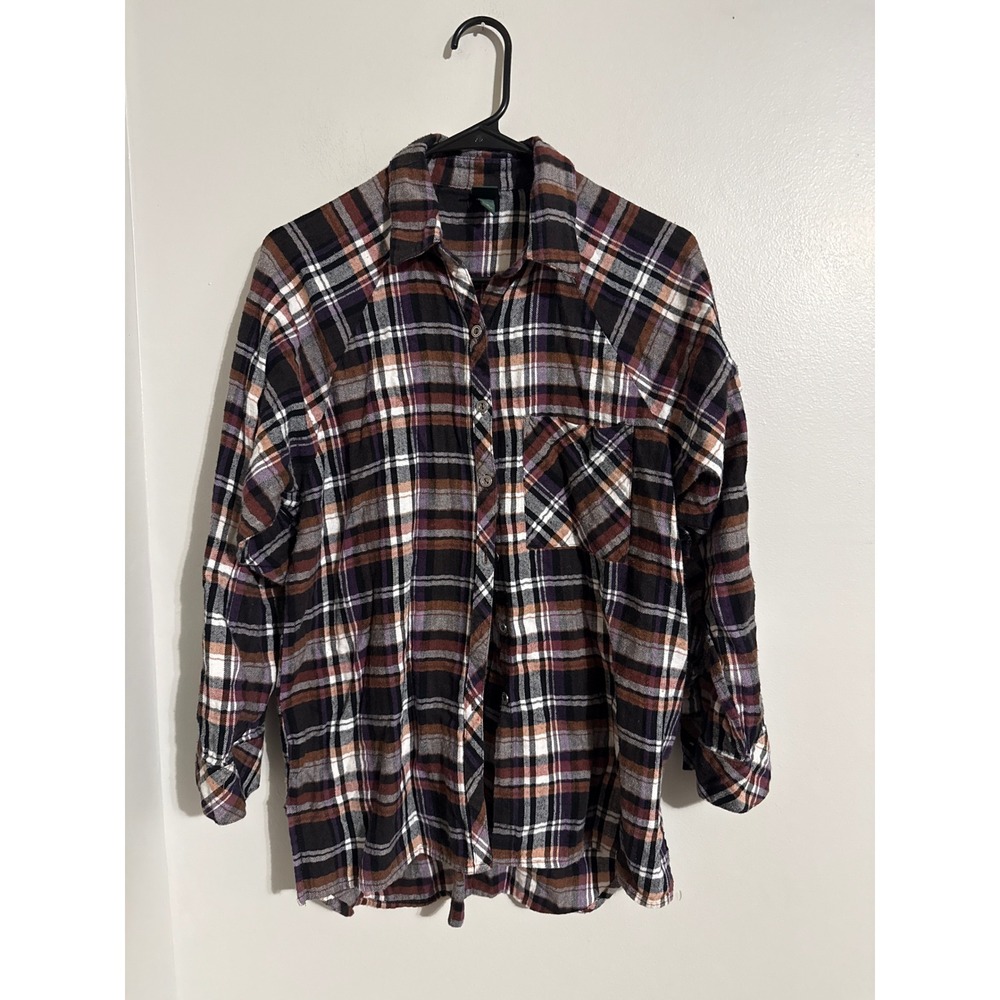 Wild Fable Womens Plaid Flannel Button Down Shirt Purple Brown Cotton Medium